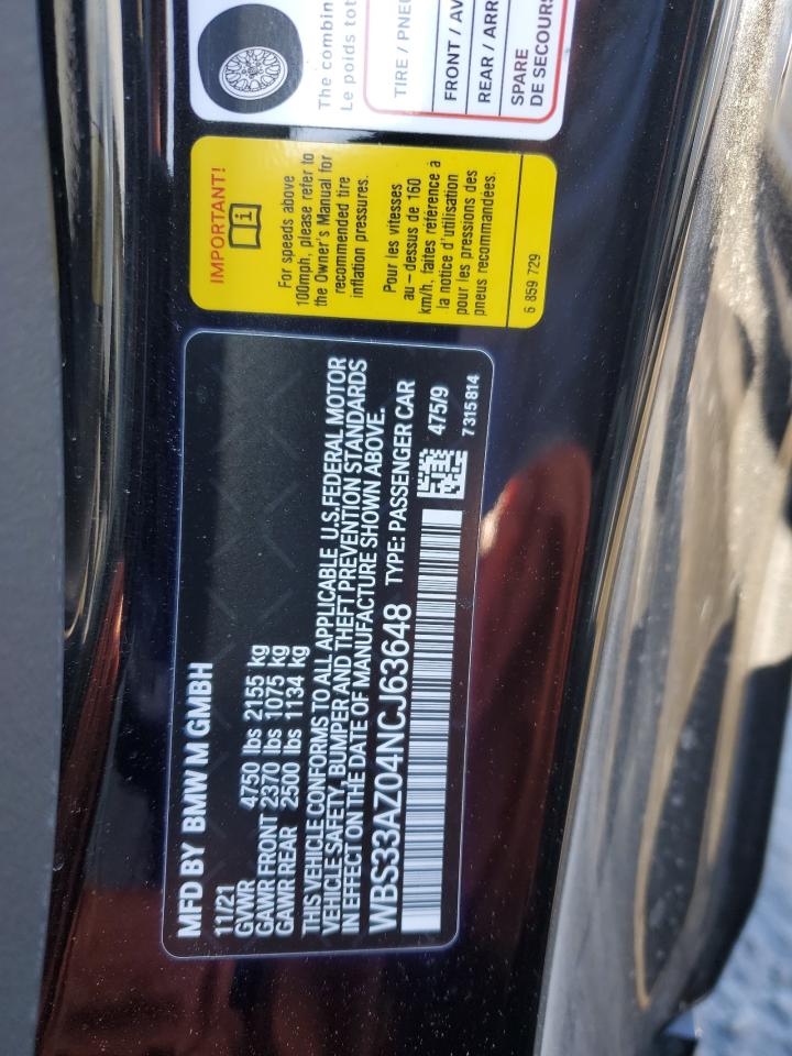 2022 BMW M4 COMPETITION VIN:WBS33AZ04NCJ63648