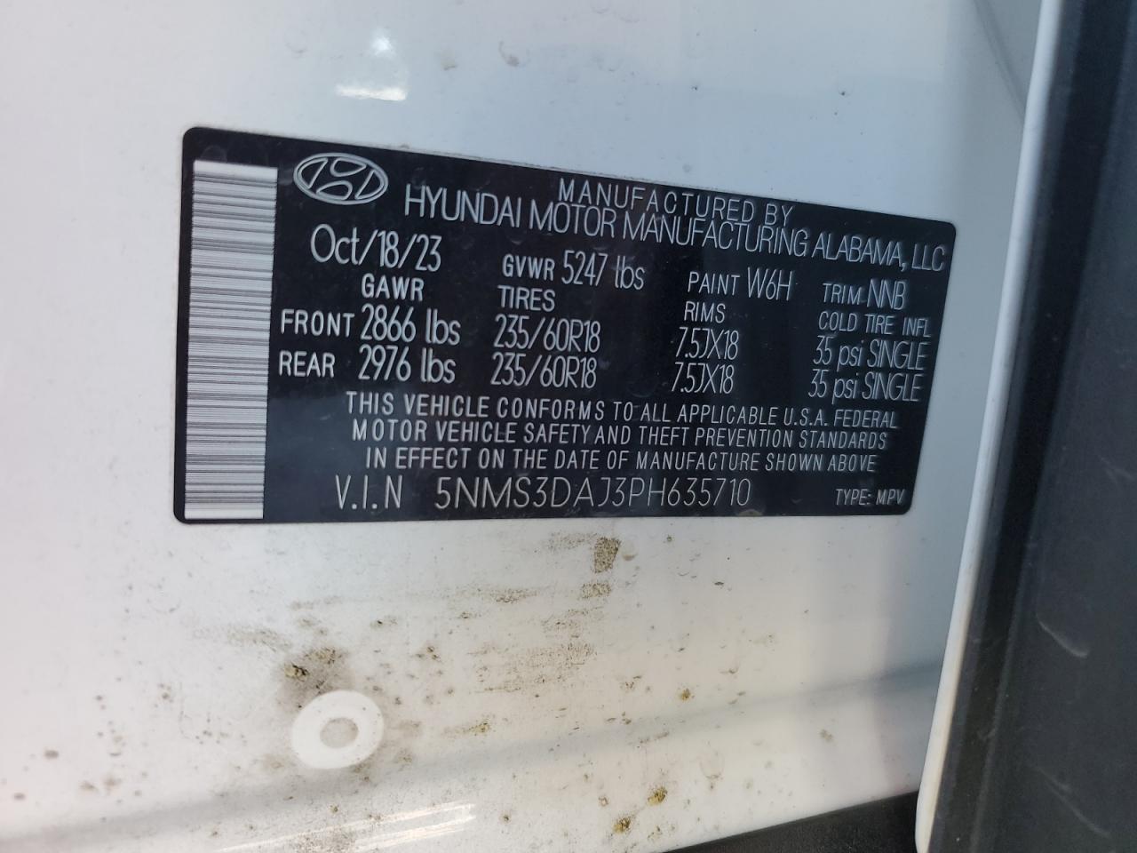 2023 HYUNDAI SANTA FE SEL PREMIUM VIN:5NMS3DAJ3PH635710