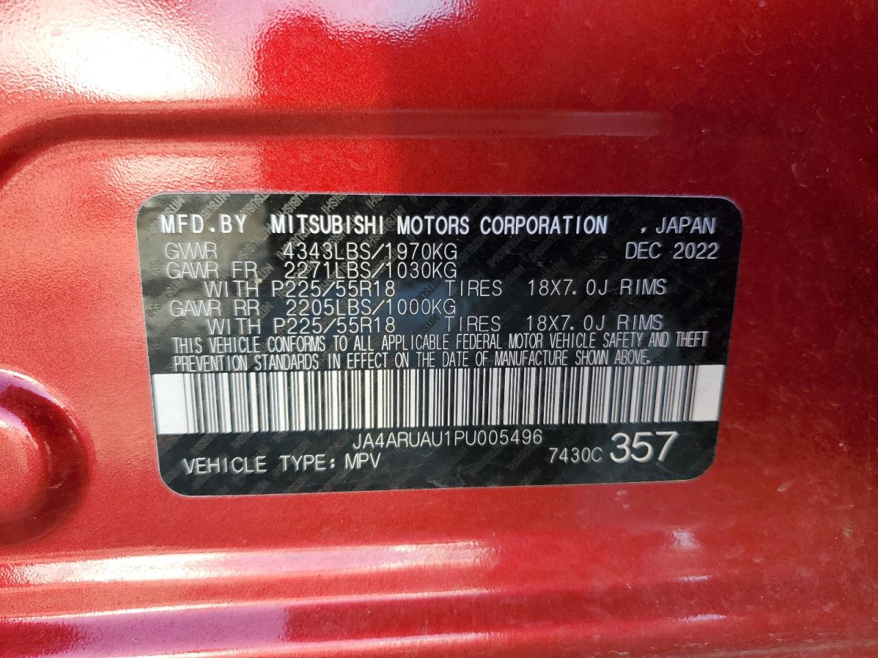 2023 MITSUBISHI OUTLANDER SPORT S/SE VIN:JA4ARUAU1PU005496