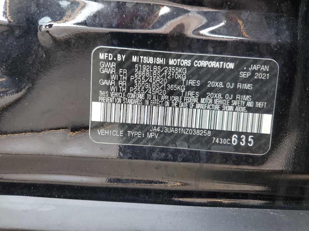 2022 MITSUBISHI OUTLANDER SE VIN:JA4J3UA81NZ038258