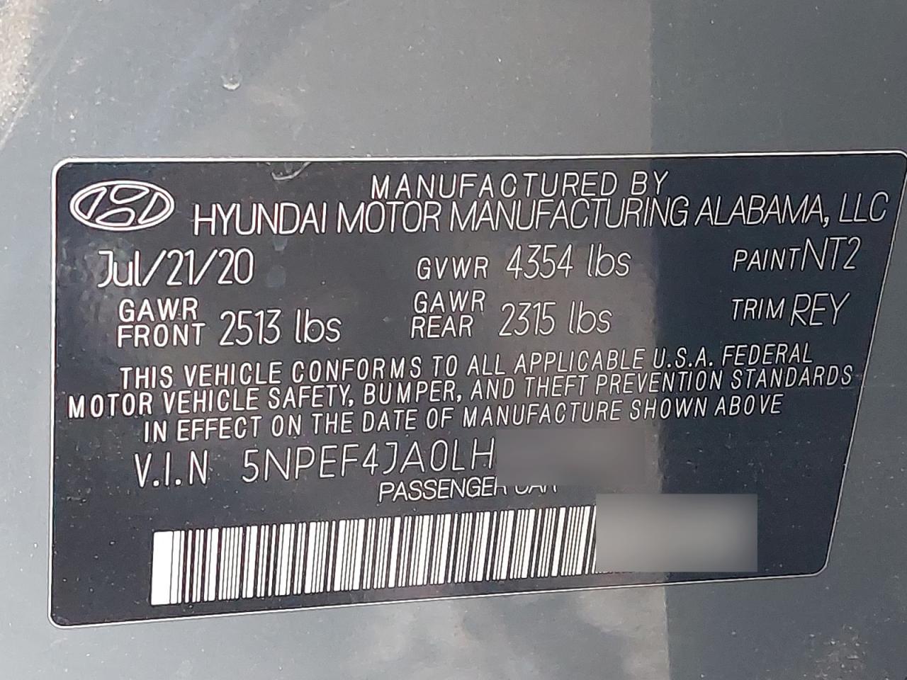 2020 HYUNDAI SONATA VIN:5NPEF4JA0LH******