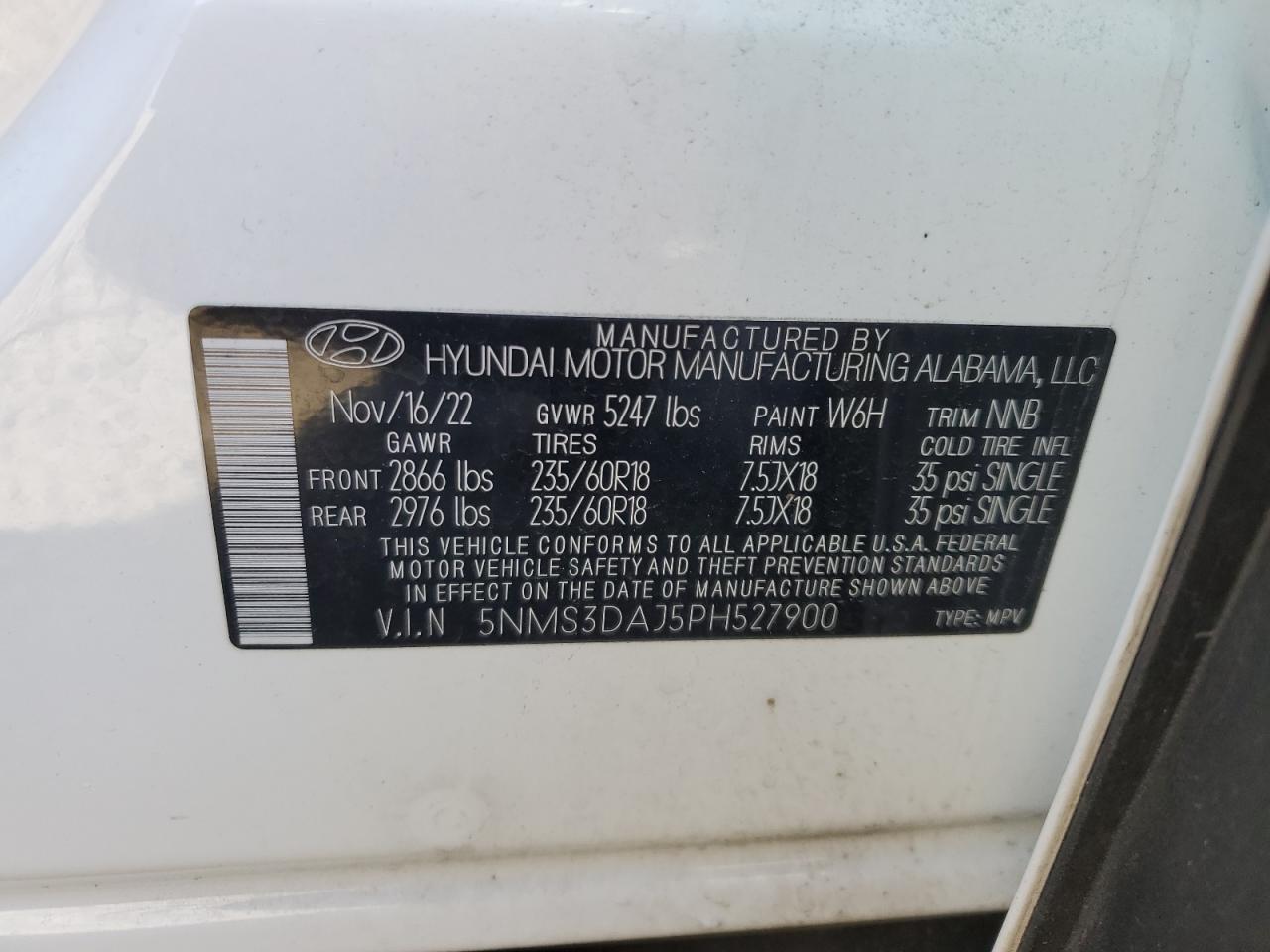 2023 HYUNDAI SANTA FE SEL PREMIUM VIN:5NMS3DAJ5PH527900