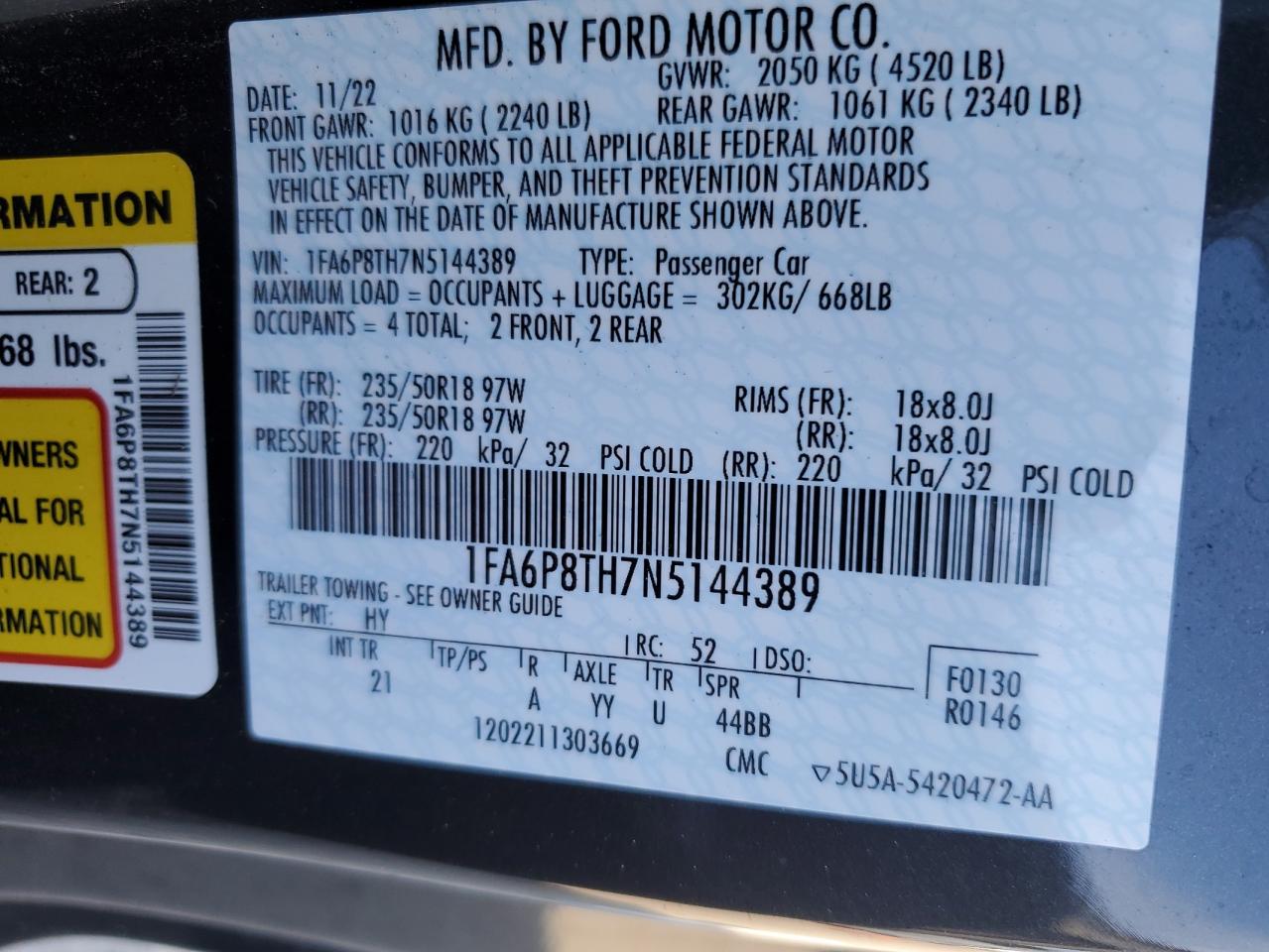 2022 FORD MUSTANG  VIN:1FA6P8TH7N5144389