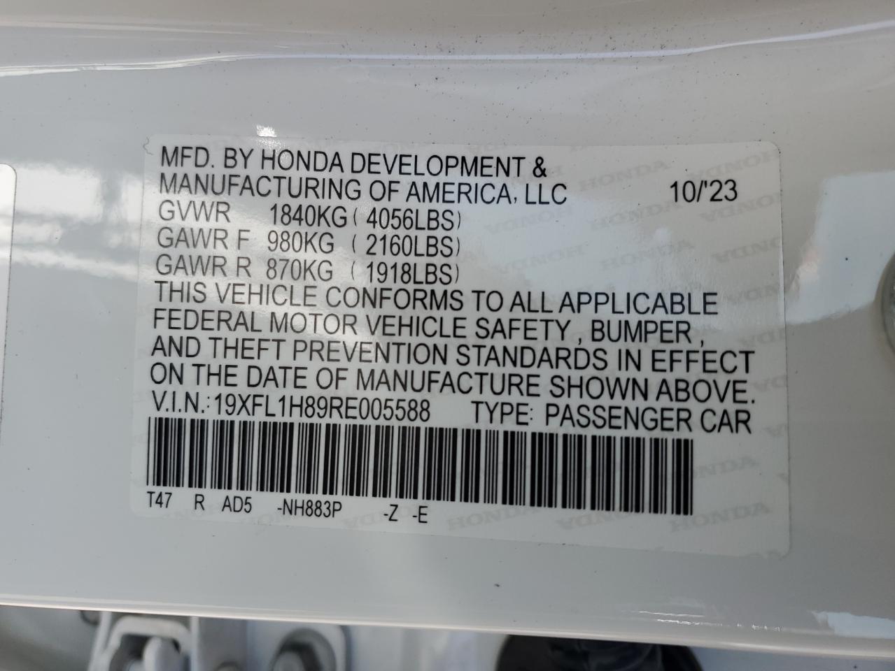 2024 HONDA CIVIC SPORT TOURING VIN:19XFL1H89RE005588