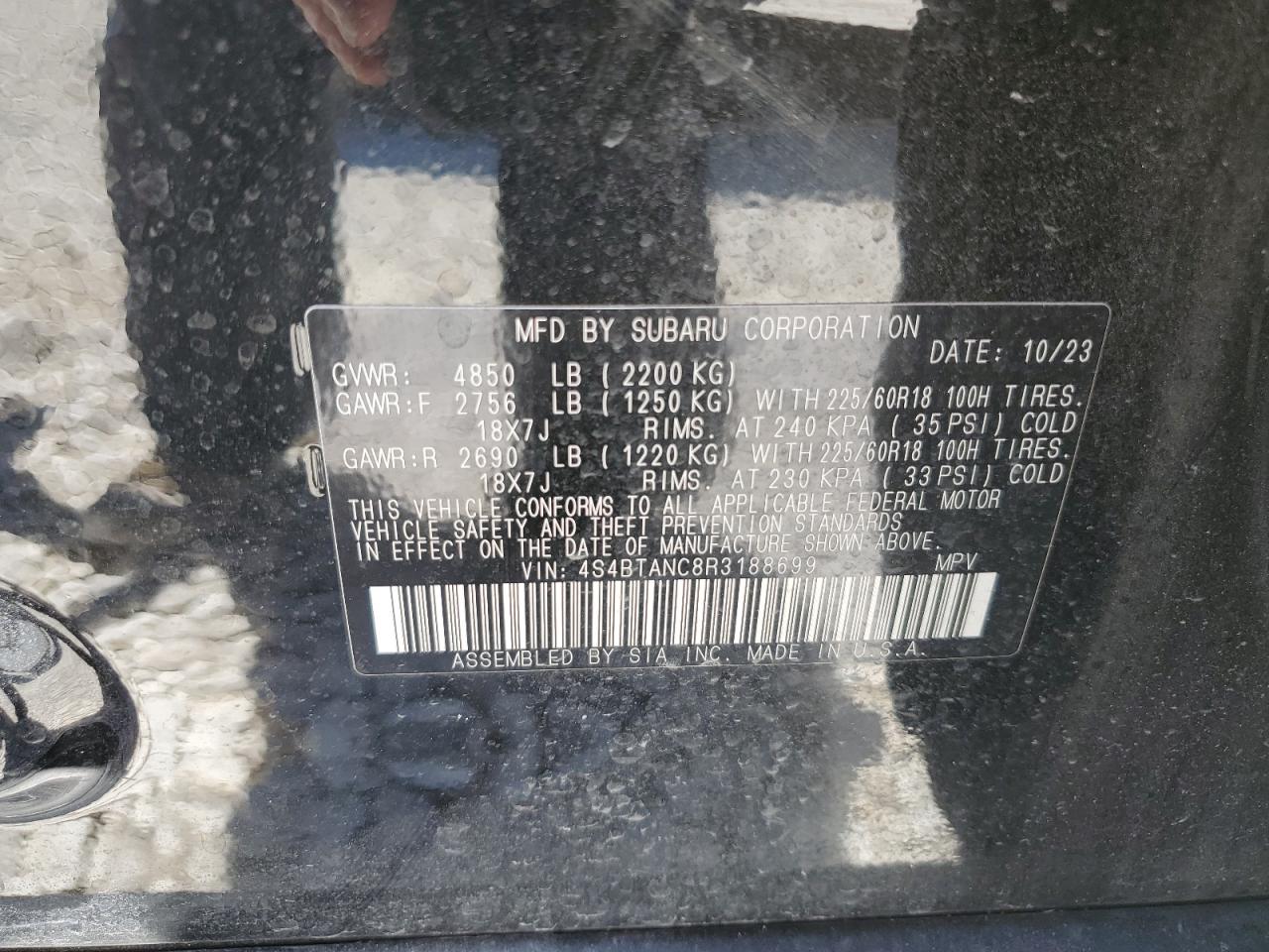 2024 SUBARU OUTBACK LIMITED VIN:4S4BTANC8R3188699