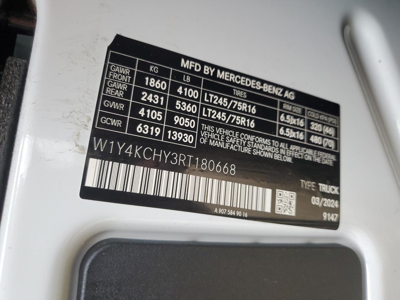 2024 MERCEDES-BENZ SPRINTER 2500 VIN:W1Y4KCHY3RT180668