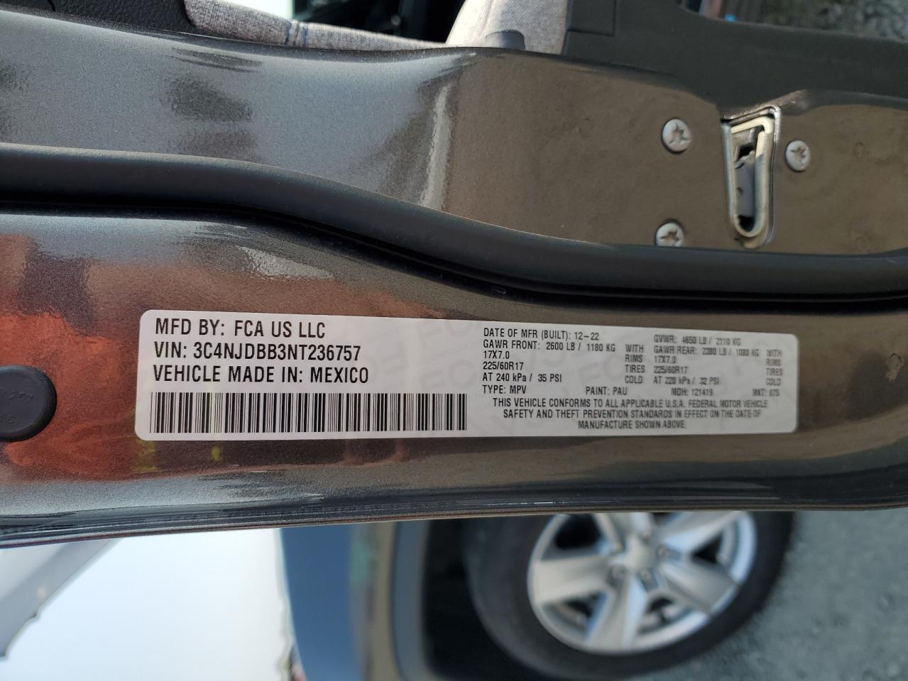 2022 JEEP COMPASS LATITUDE VIN:3C4NJDBB3NT236757
