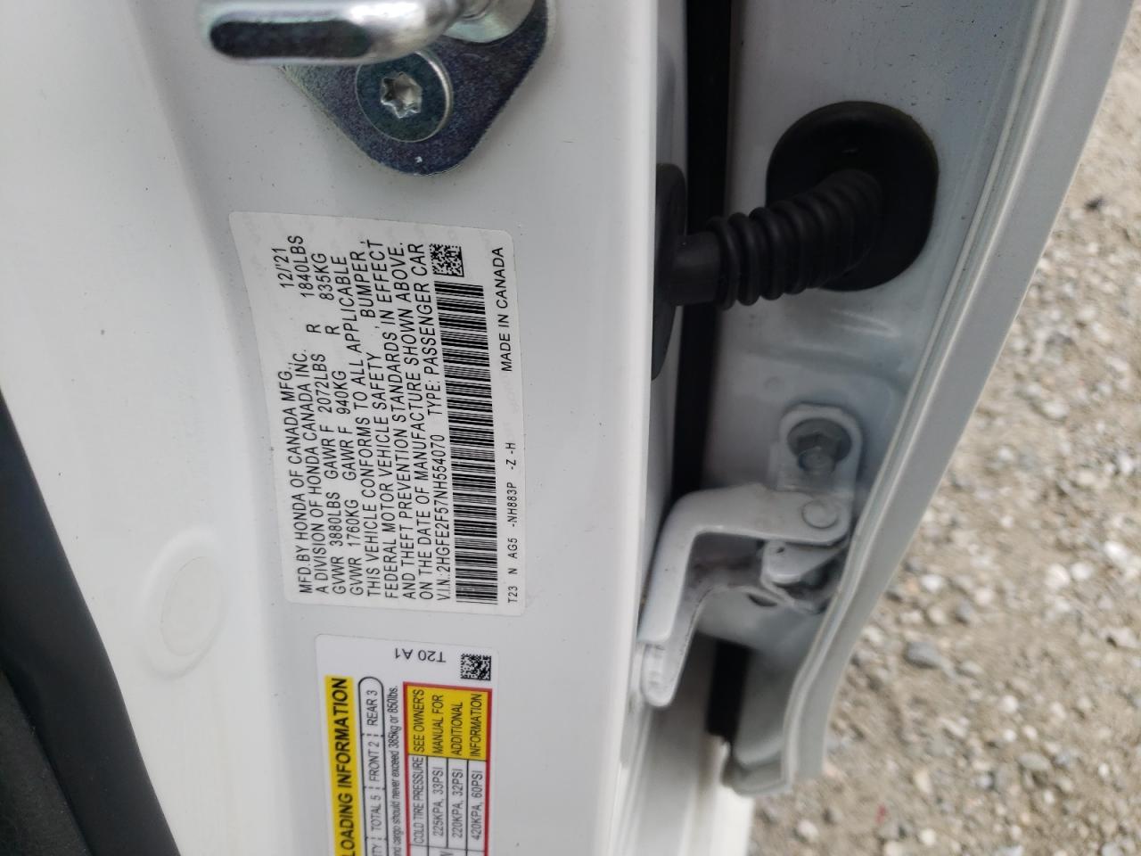 2022 HONDA CIVIC SPORT VIN:2HGFE2F57NH554070
