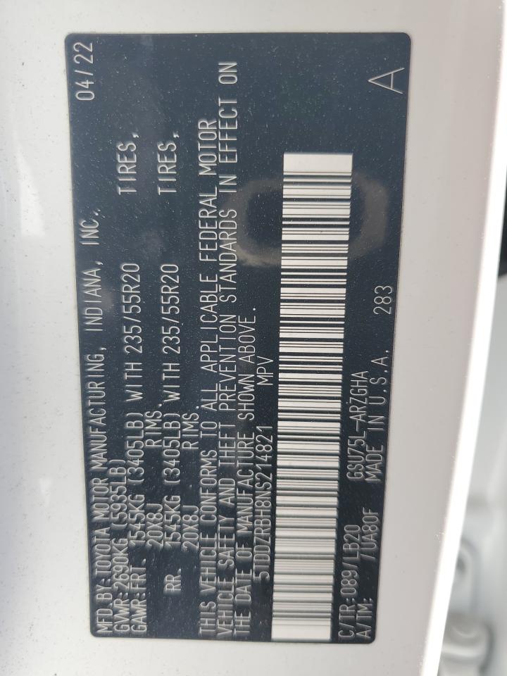 2022 TOYOTA HIGHLANDER LIMITED VIN:5TDDZRBH8NS214821