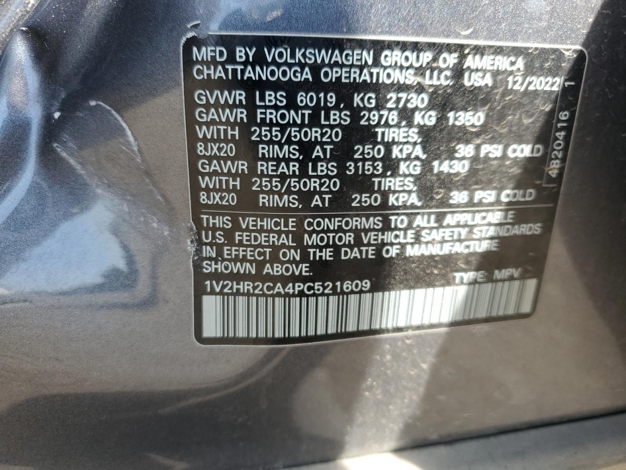 2023 VOLKSWAGEN ATLAS SE VIN:1V2HR2CA4PC521609