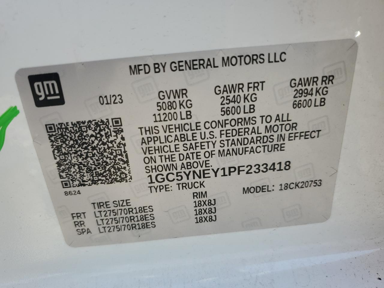 2023 CHEVROLET SILVERADO K2500 HEAVY DUTY LT VIN:1GC5YNEY1PF233418