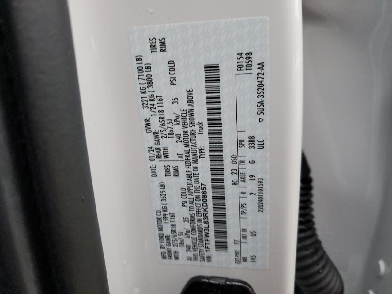 2024 FORD F150 XLT VIN:1FTFW3L83RKD08857