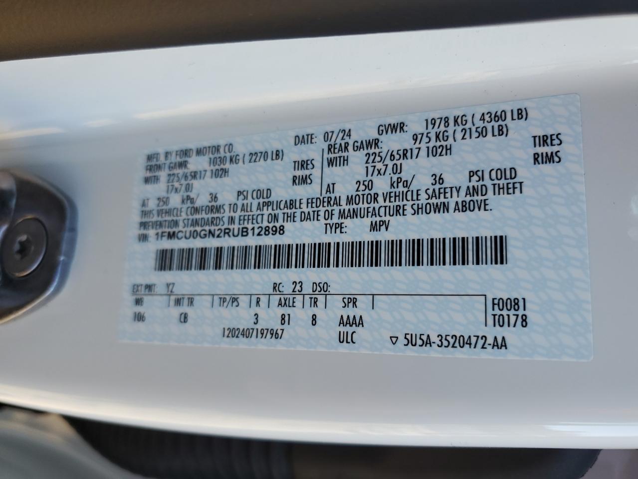 2024 FORD ESCAPE ACTIVE VIN:1FMCU0GN2RUB12898