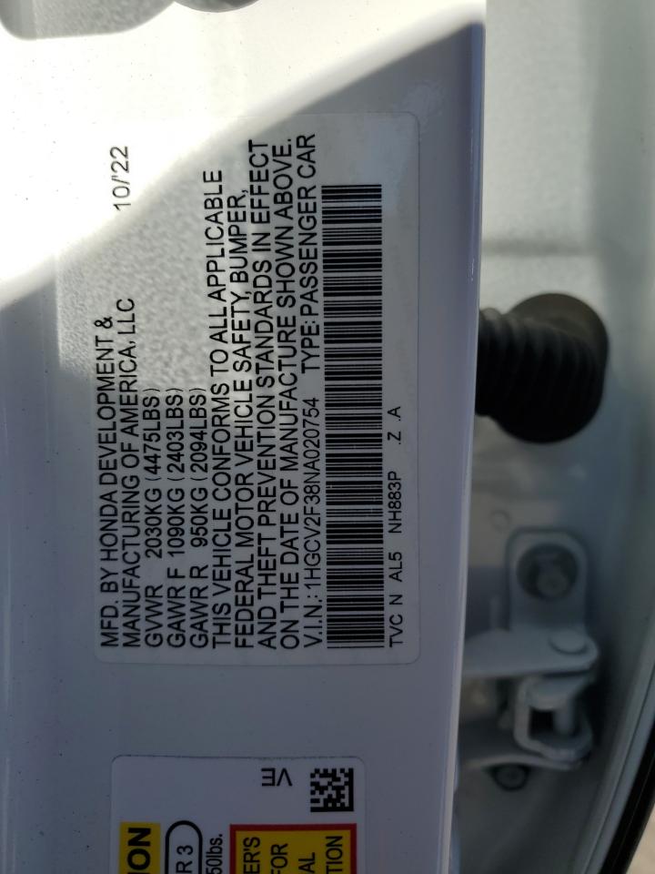 2022 HONDA ACCORD SPORT VIN:1HGCV2F38NA020754