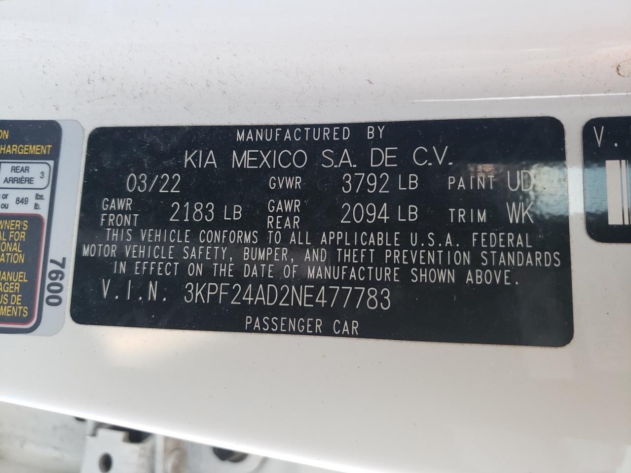 2022 KIA FORTE FE VIN:3KPF24AD2NE477783