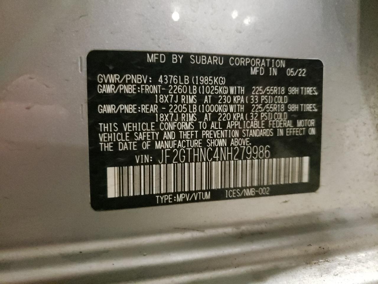 2022 SUBARU CROSSTREK LIMITED VIN:JF2GTHNC4NH279986