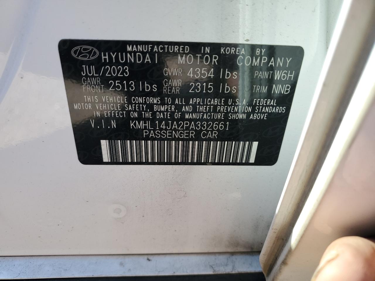 2023 HYUNDAI SONATA SEL VIN:KMHL14JA2PA332661