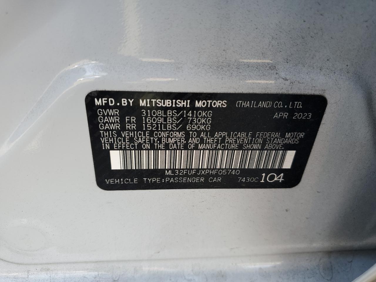 2023 MITSUBISHI MIRAGE G4 ES VIN:ML32FUFJXPHF05740