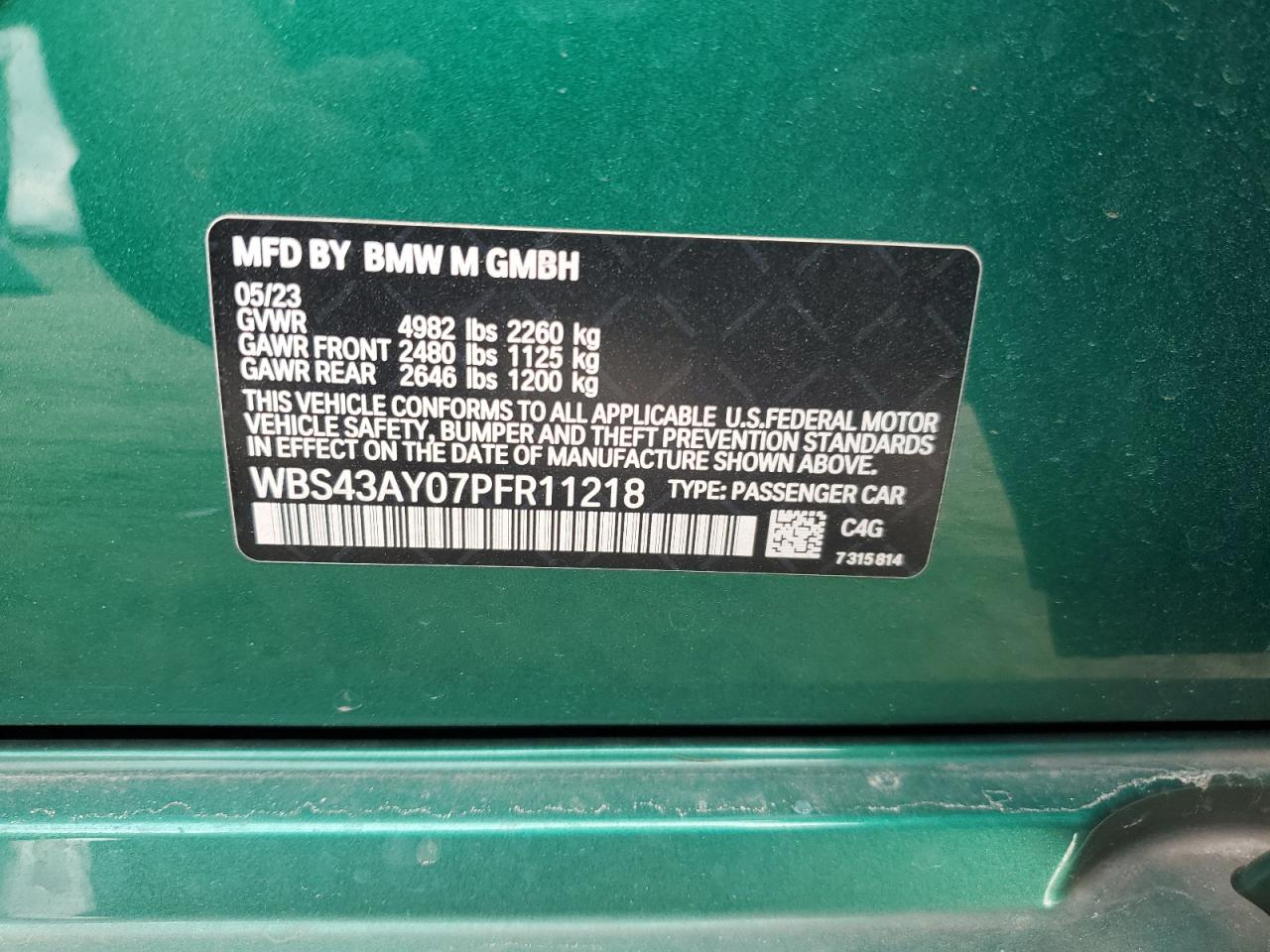 2023 BMW M3 COMPETITION VIN:WBS43AY07PFR11218