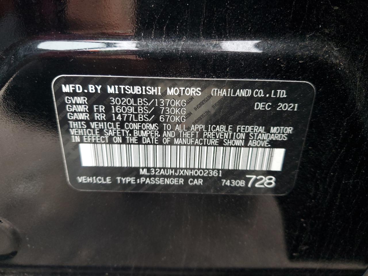 2022 MITSUBISHI MIRAGE ES VIN:ML32AUHJXNH002361