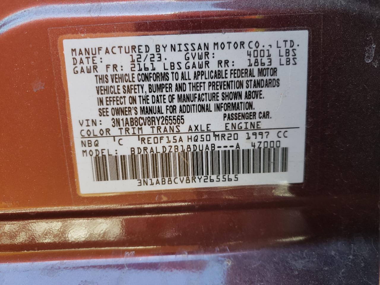 2024 NISSAN SENTRA SV VIN:3N1AB8CV8RY265565