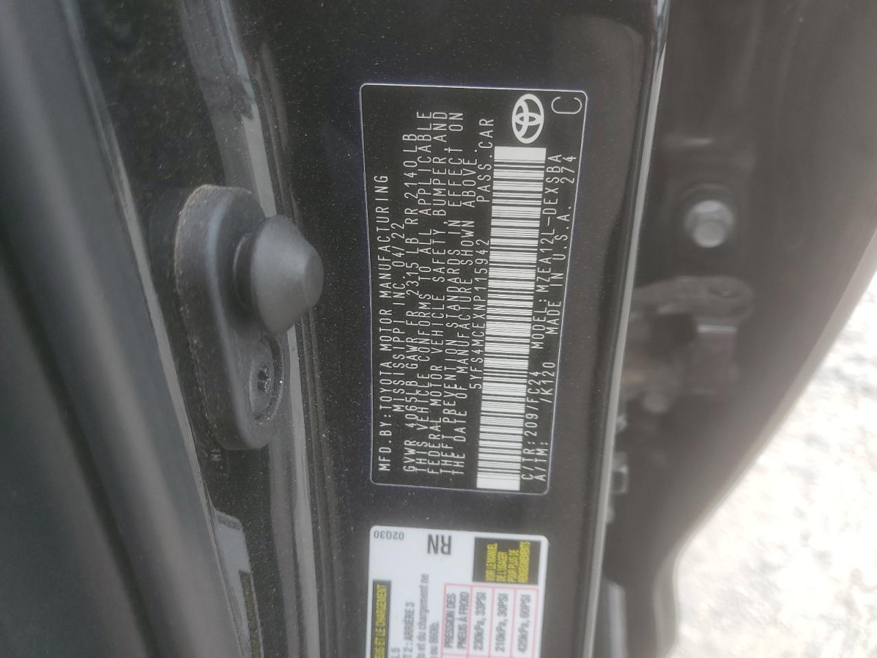 2022 TOYOTA COROLLA SE VIN:5YFS4MCEXNP115942