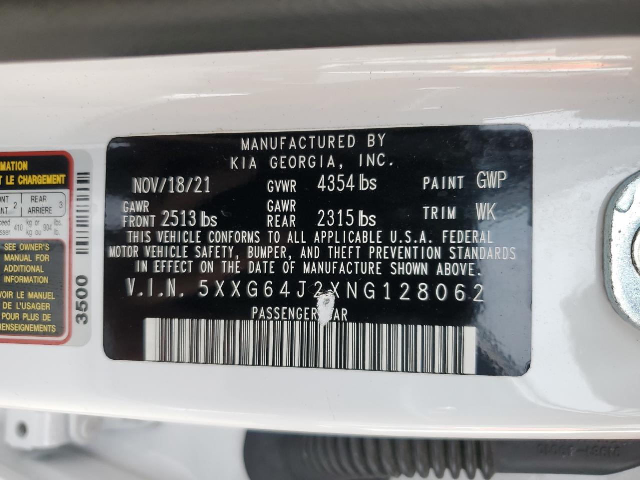 2022 KIA K5 GT LINE VIN:5XXG64J2XNG128062