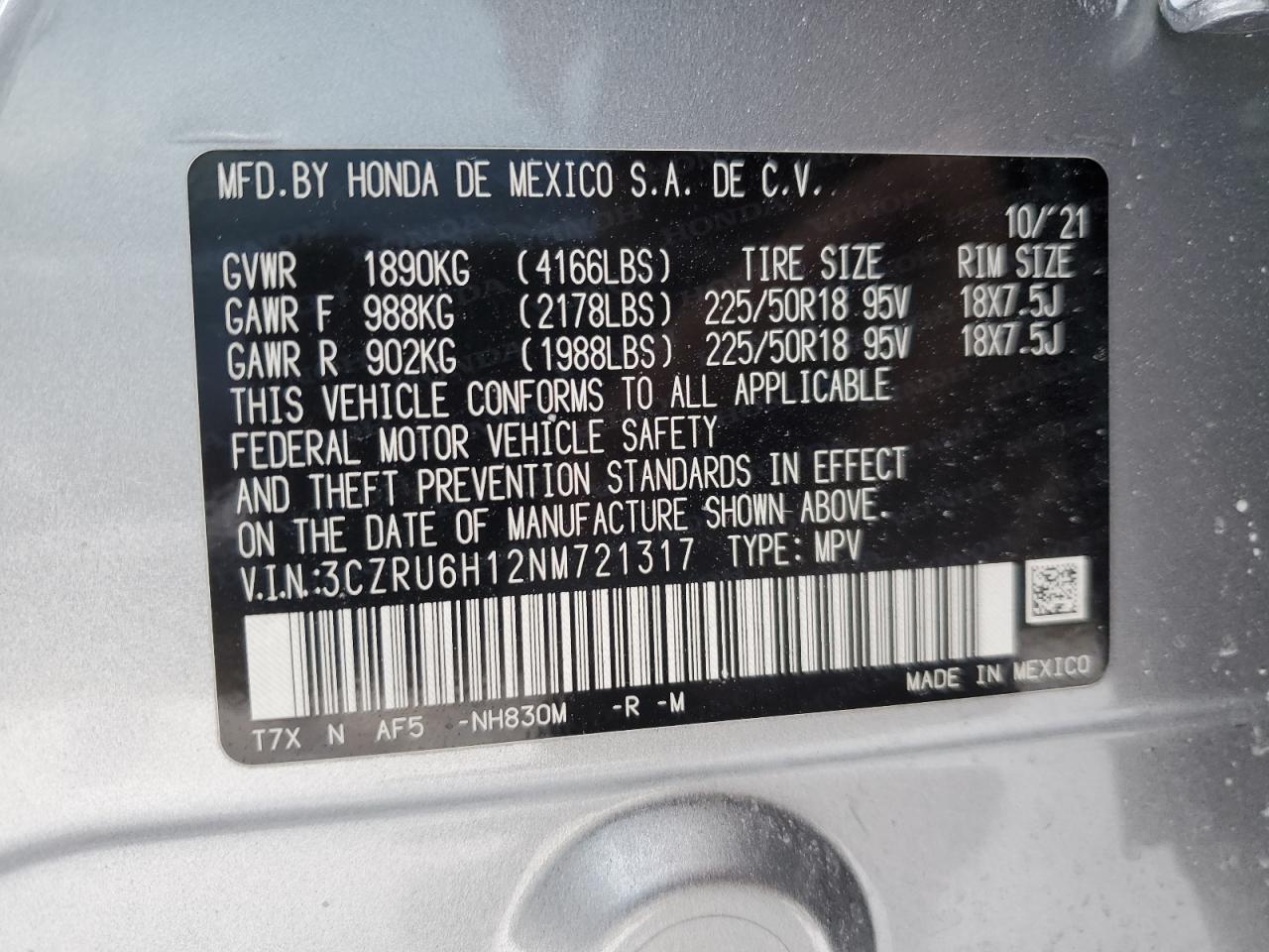 2022 HONDA HR-V SPORT VIN:3CZRU6H12NM721317