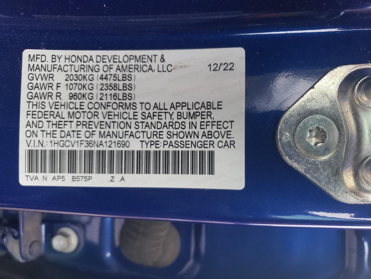 2022 HONDA ACCORD SPORT VIN:1HGCV1F36NA121690