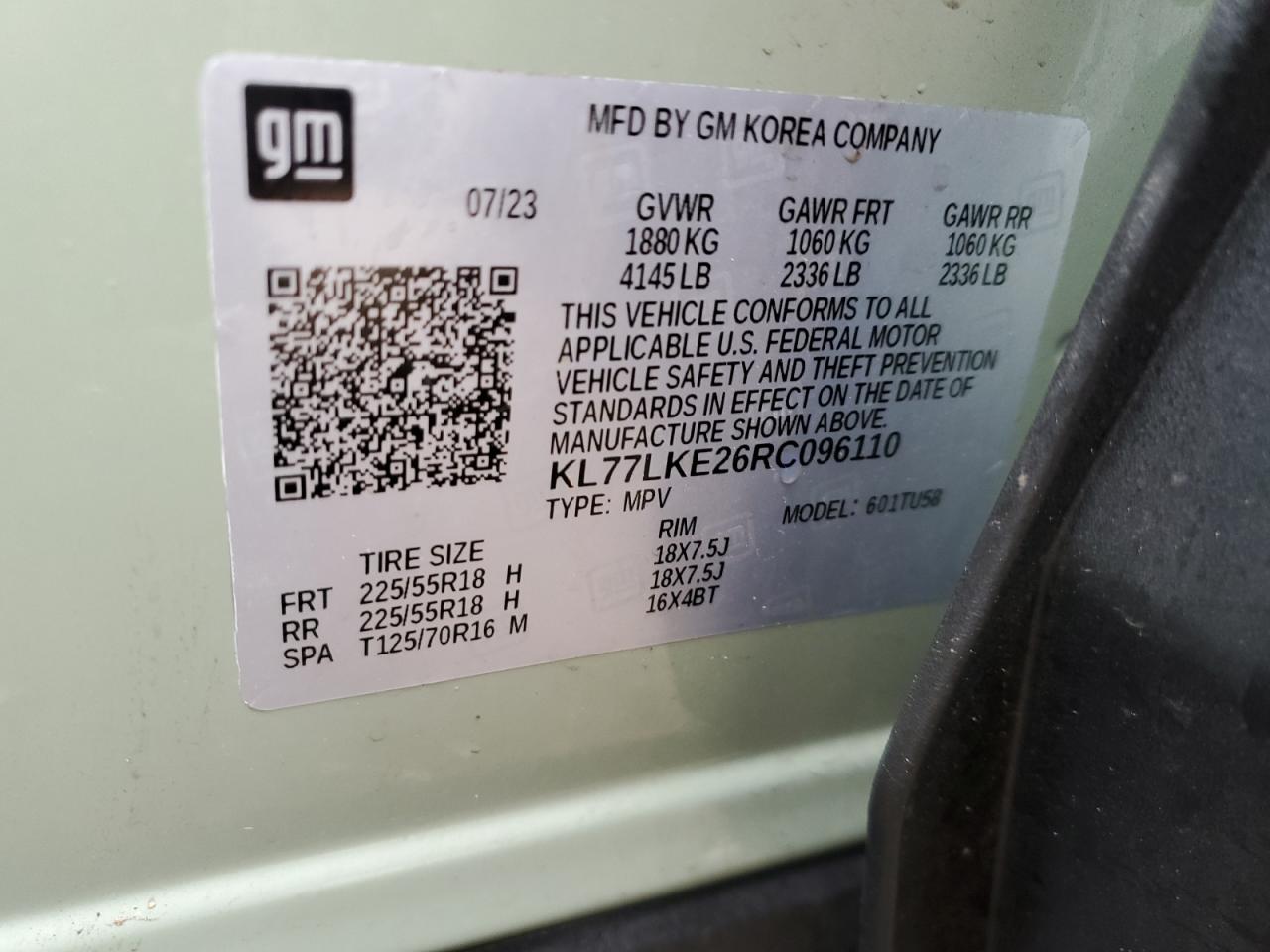 2024 CHEVROLET TRAX ACTIV VIN:KL77LKE26RC096110