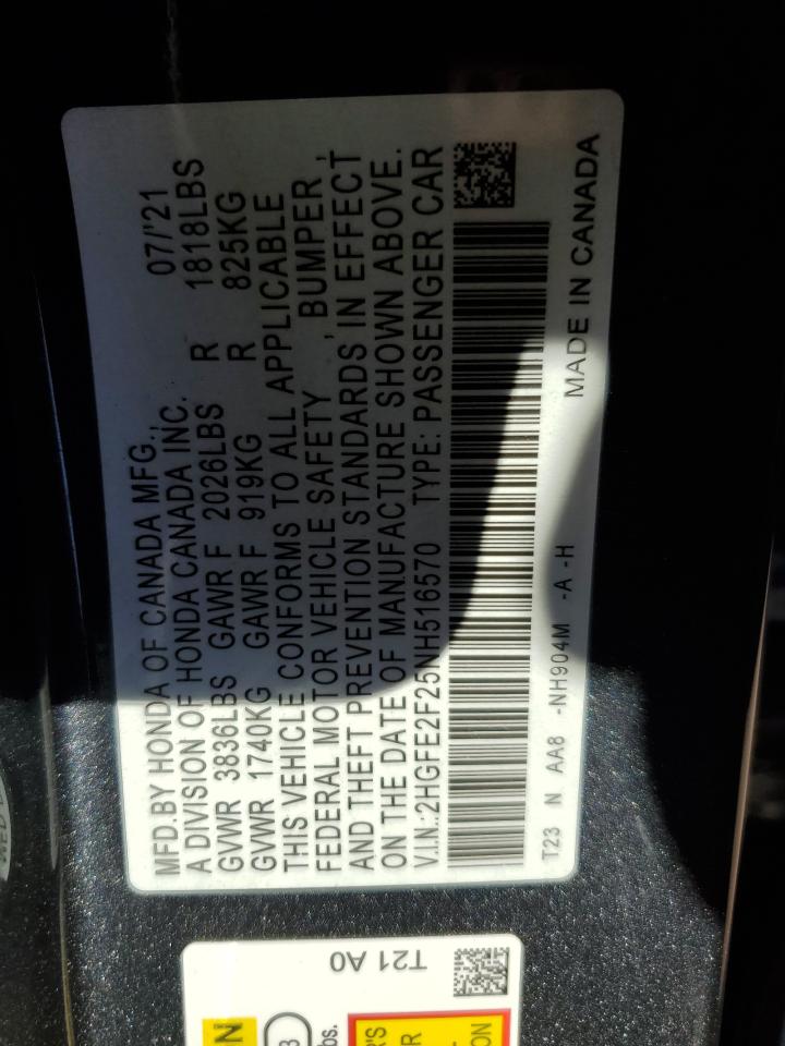 2022 HONDA CIVIC LX VIN:2HGFE2F25NH516570