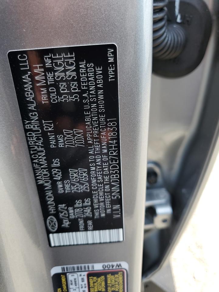 2024 HYUNDAI TUCSON SEL VIN:5NMJB3DE7RH418381