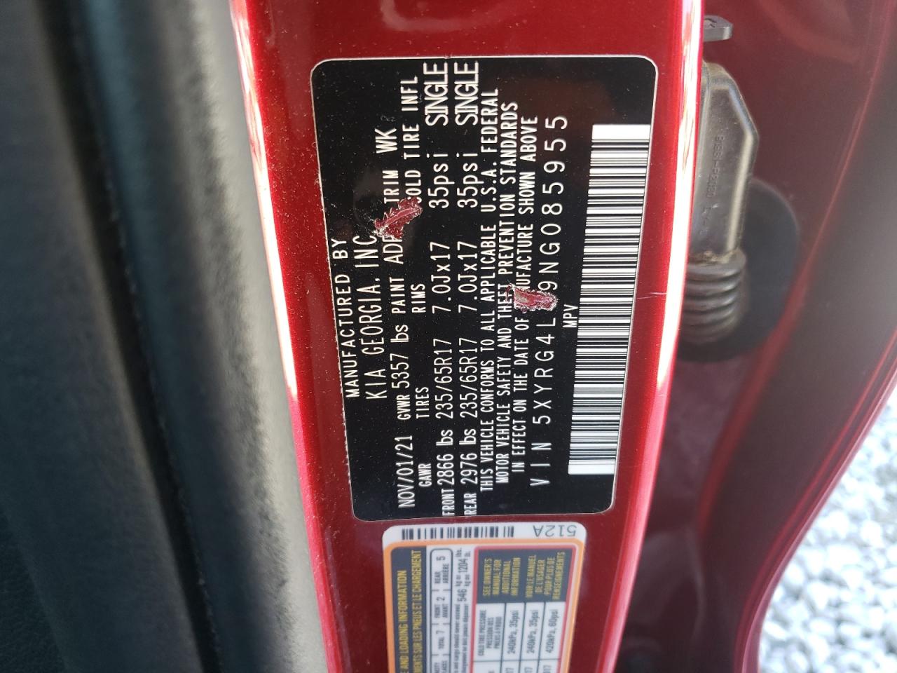 2022 KIA SORENTO LX VIN:5XYRG4LC9NG085955