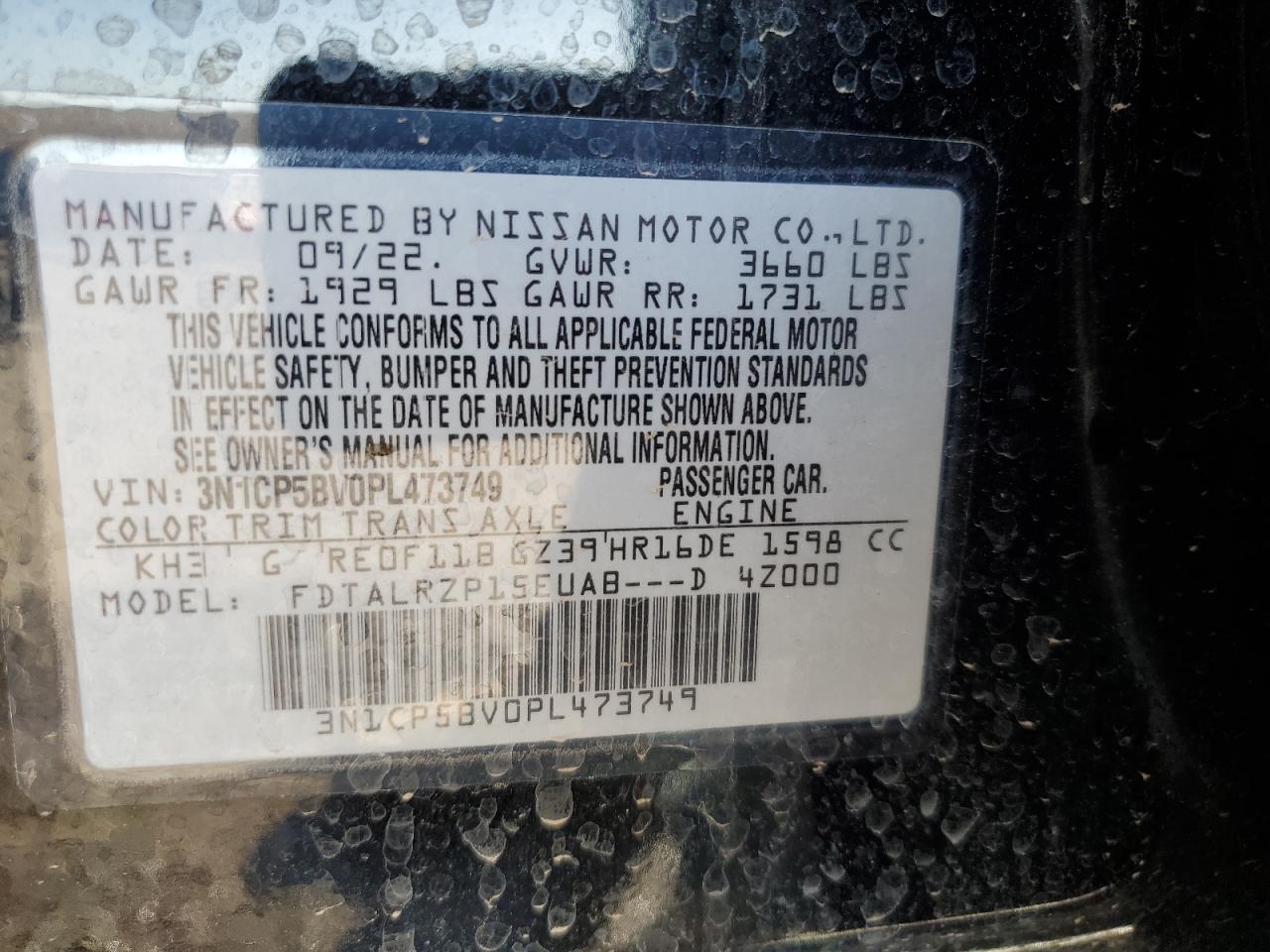 2023 NISSAN KICKS S VIN:3N1CP5BV0PL473749