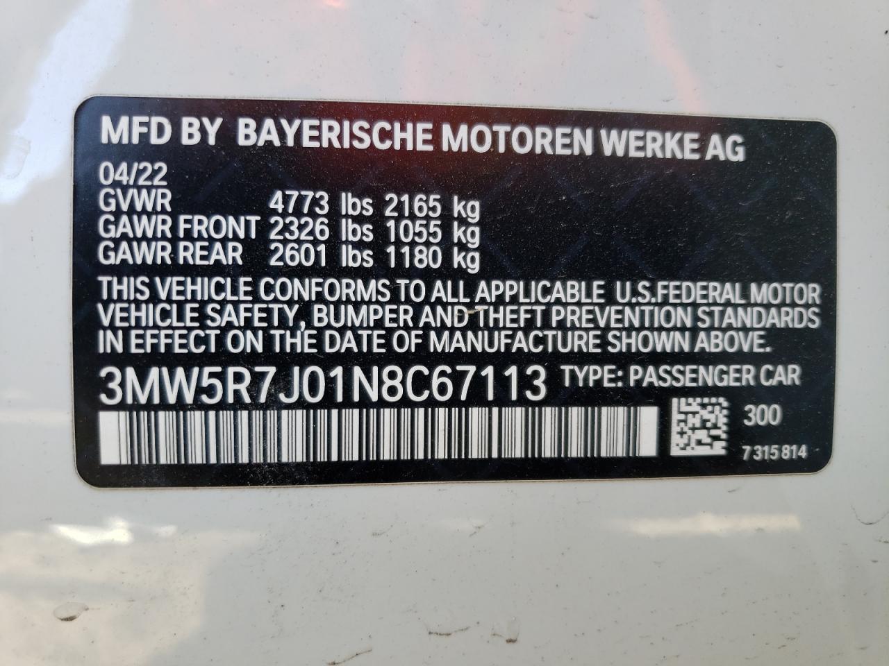 2022 BMW 330XI  VIN:3MW5R7J01N8C67113