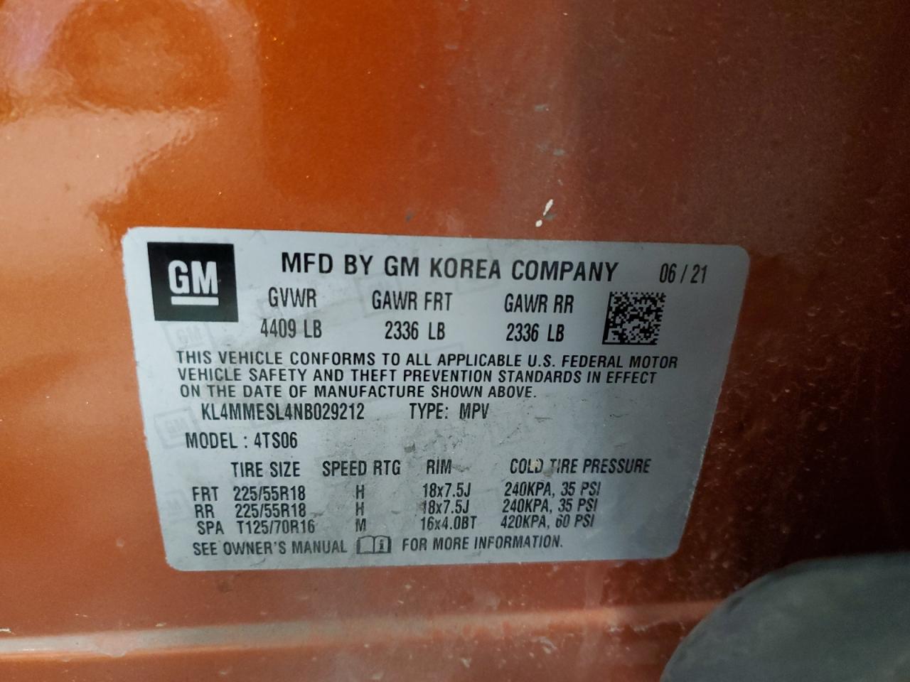 2022 BUICK ENCORE GX SELECT VIN:KL4MMESL4NB029212