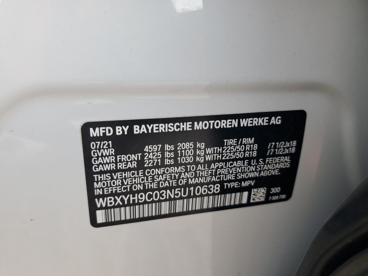 2022 BMW X2 SDRIVE28I VIN:WBXYH9C03N5U10638