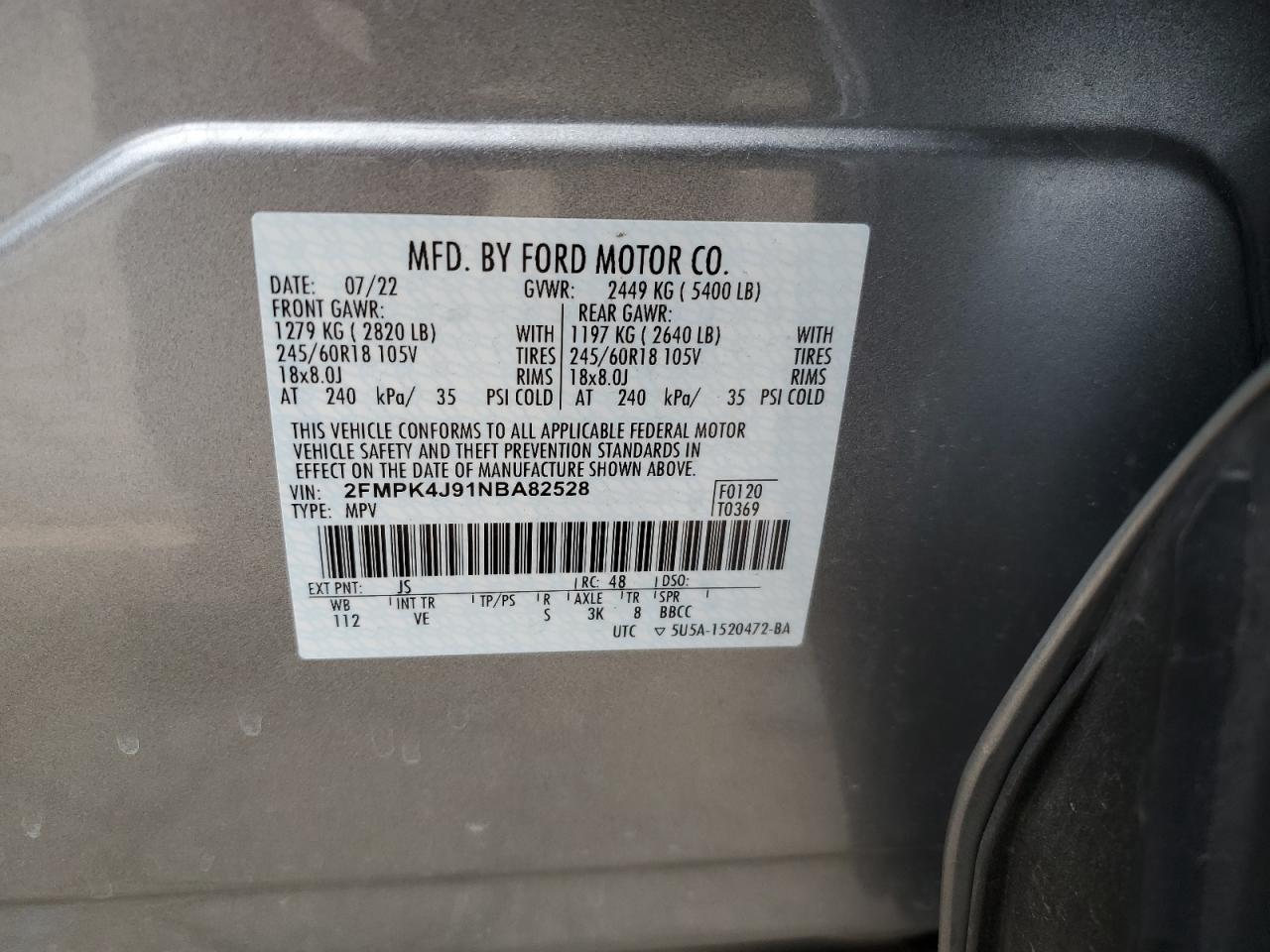 2022 FORD EDGE SEL VIN:2FMPK4J91NBA82528