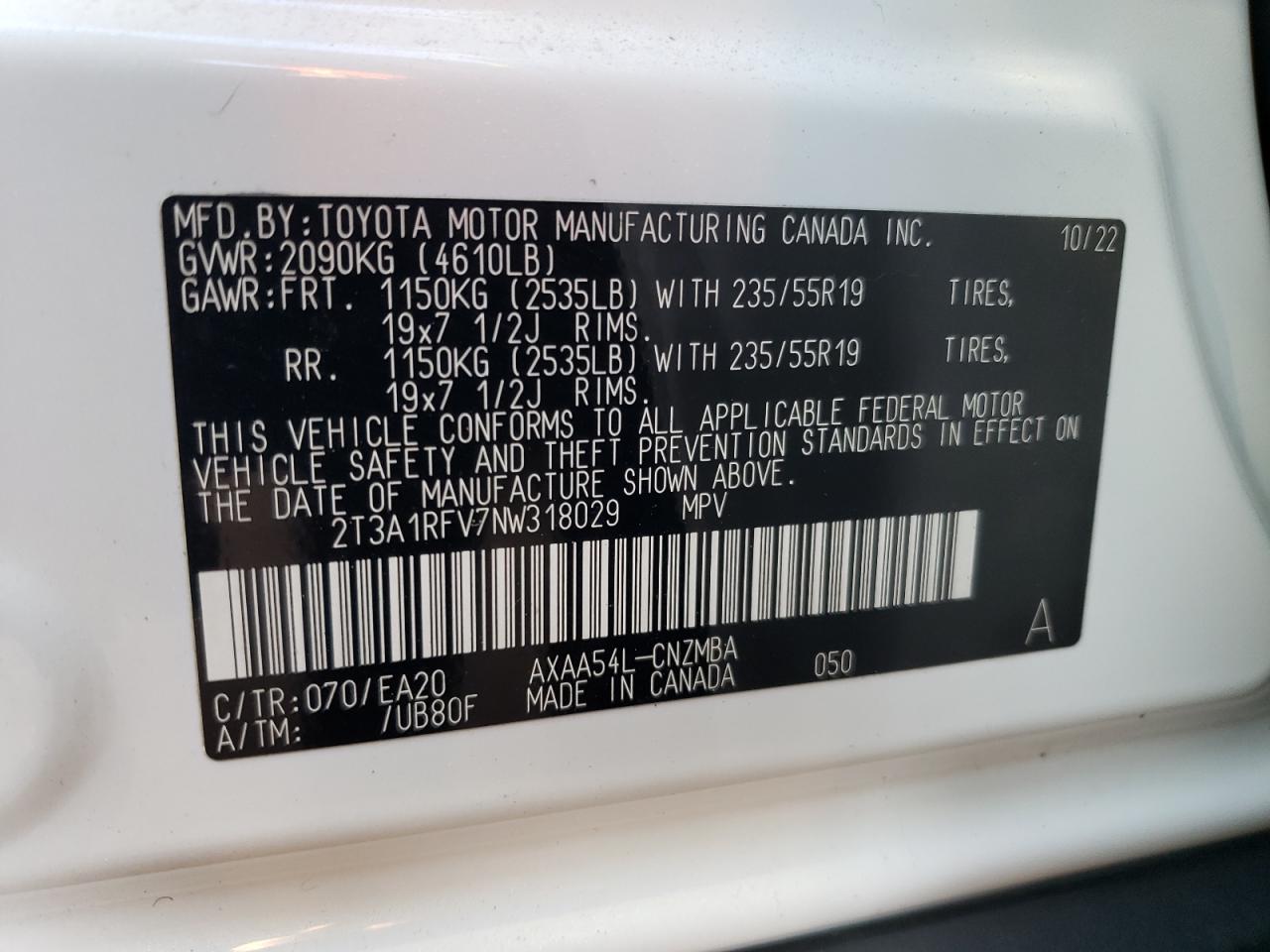 2022 TOYOTA RAV4 XLE PREMIUM VIN:2T3A1RFV7NW318029