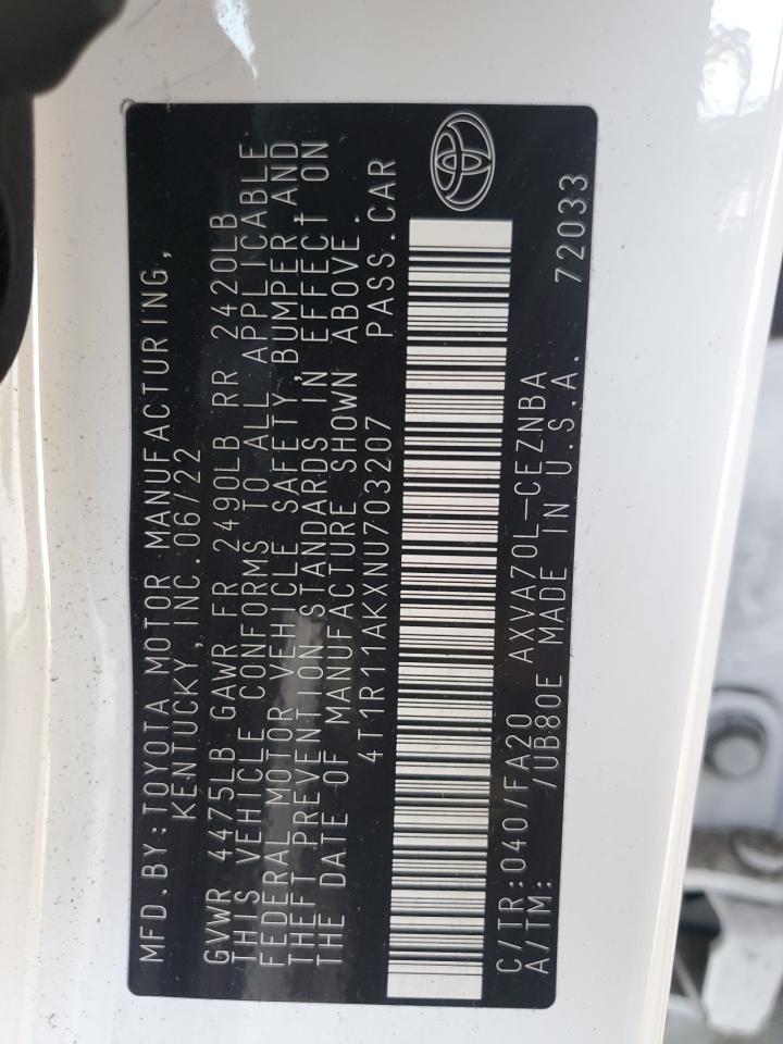 2022 TOYOTA CAMRY LE VIN:4T1R11AKXNU703207