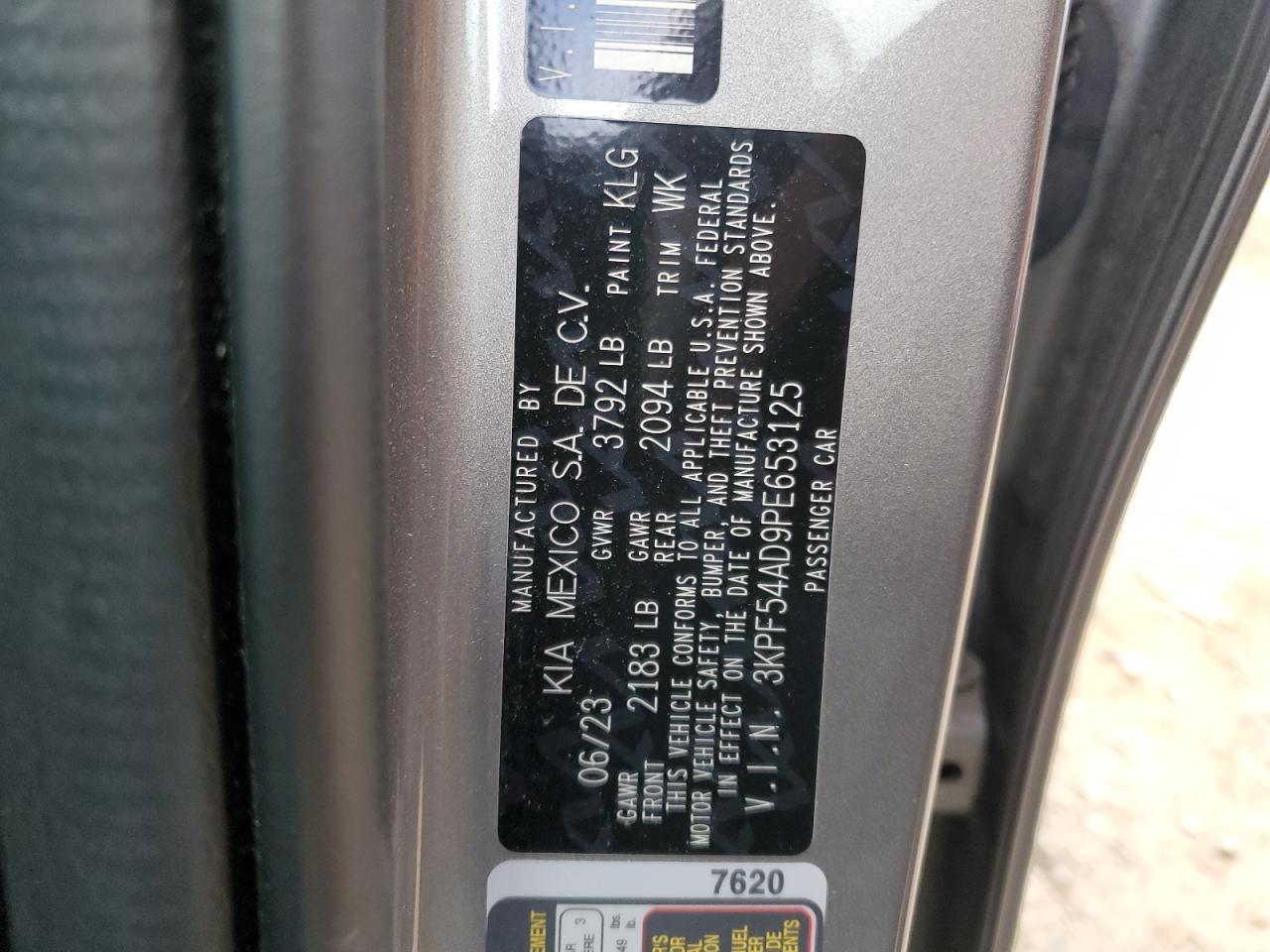 2023 KIA FORTE GT LINE VIN:3KPF54AD9PE653125