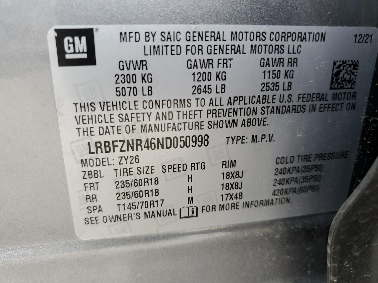 2022 BUICK ENVISION ESSENCE VIN:LRBFZNR46ND050998