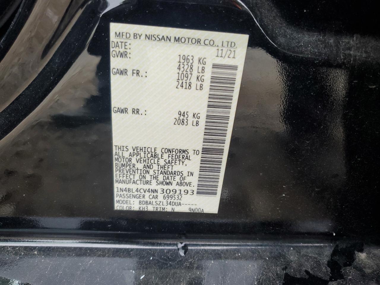 2022 NISSAN ALTIMA SR VIN:1N4BL4CV4NN309193