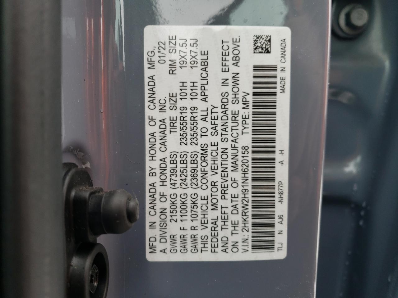 2022 HONDA CR-V TOURING VIN:W1KZF5KB7NB083624