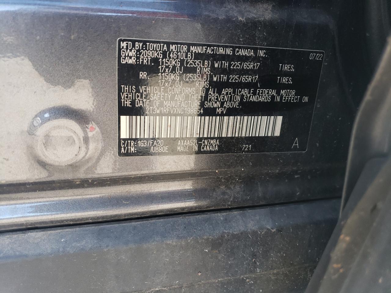 2022 TOYOTA RAV4 XLE VIN:2T3W1RFVXNC198654