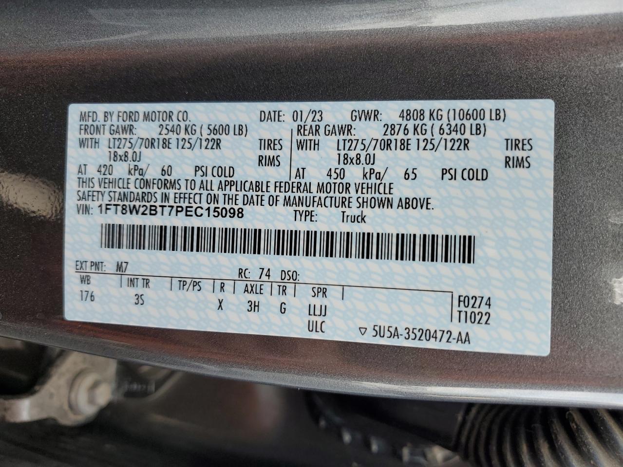 2023 FORD F250 SUPER DUTY VIN:1FT8W2BT7PEC15098