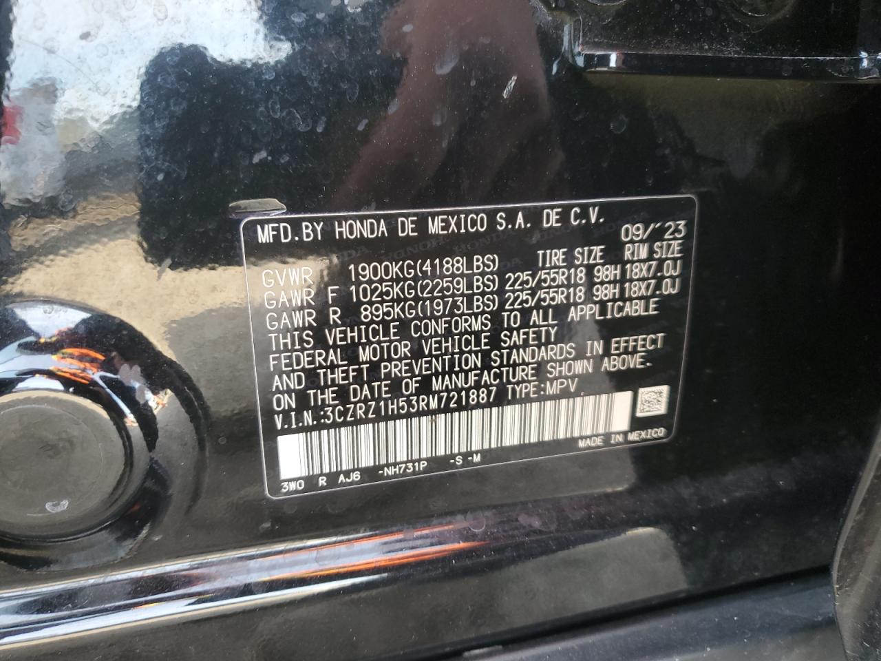 2024 HONDA HR-V SPORT VIN:3CZRZ1H53RM721887