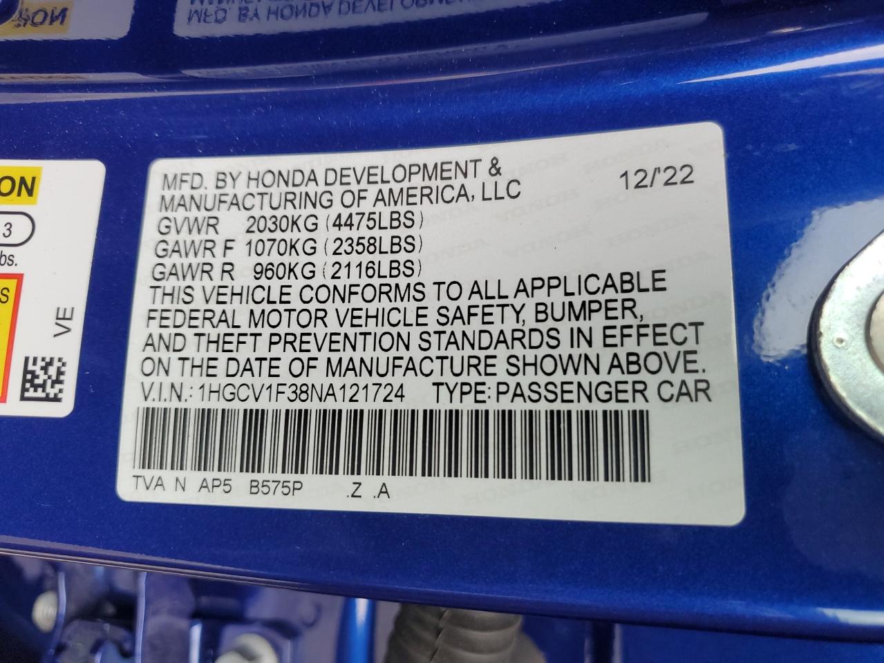 2022 HONDA ACCORD SPORT VIN:1HGCV1F38NA121724