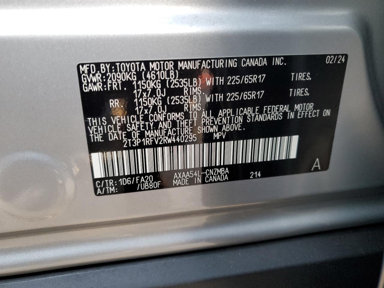 2024 TOYOTA RAV4 XLE VIN:2T3P1RFV2RW440295
