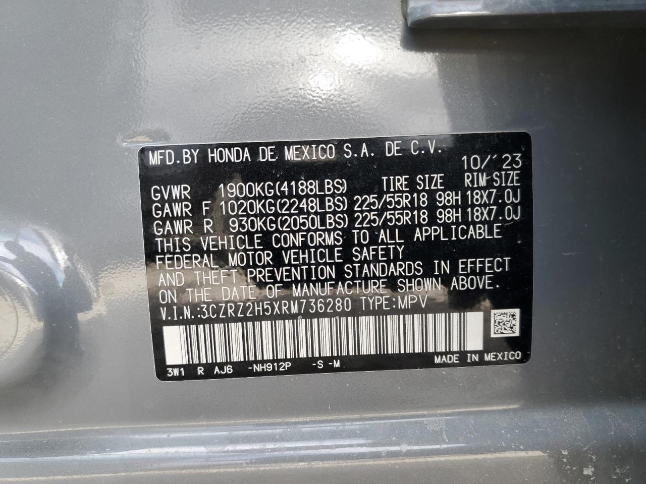2024 HONDA HR-V SPORT VIN:3CZRZ2H5XRM736280